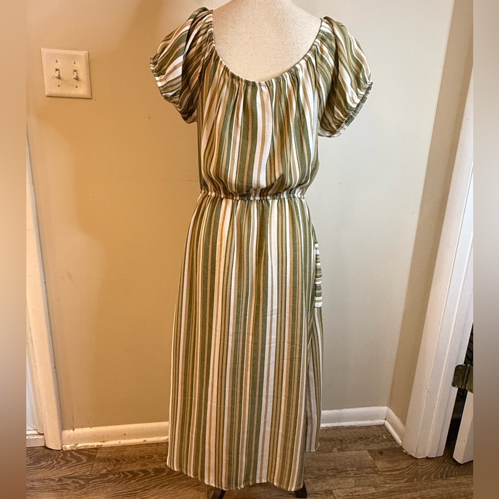 Naïf neutral striped boho chic long dress pockets SZ SM - Picture 4 of 12